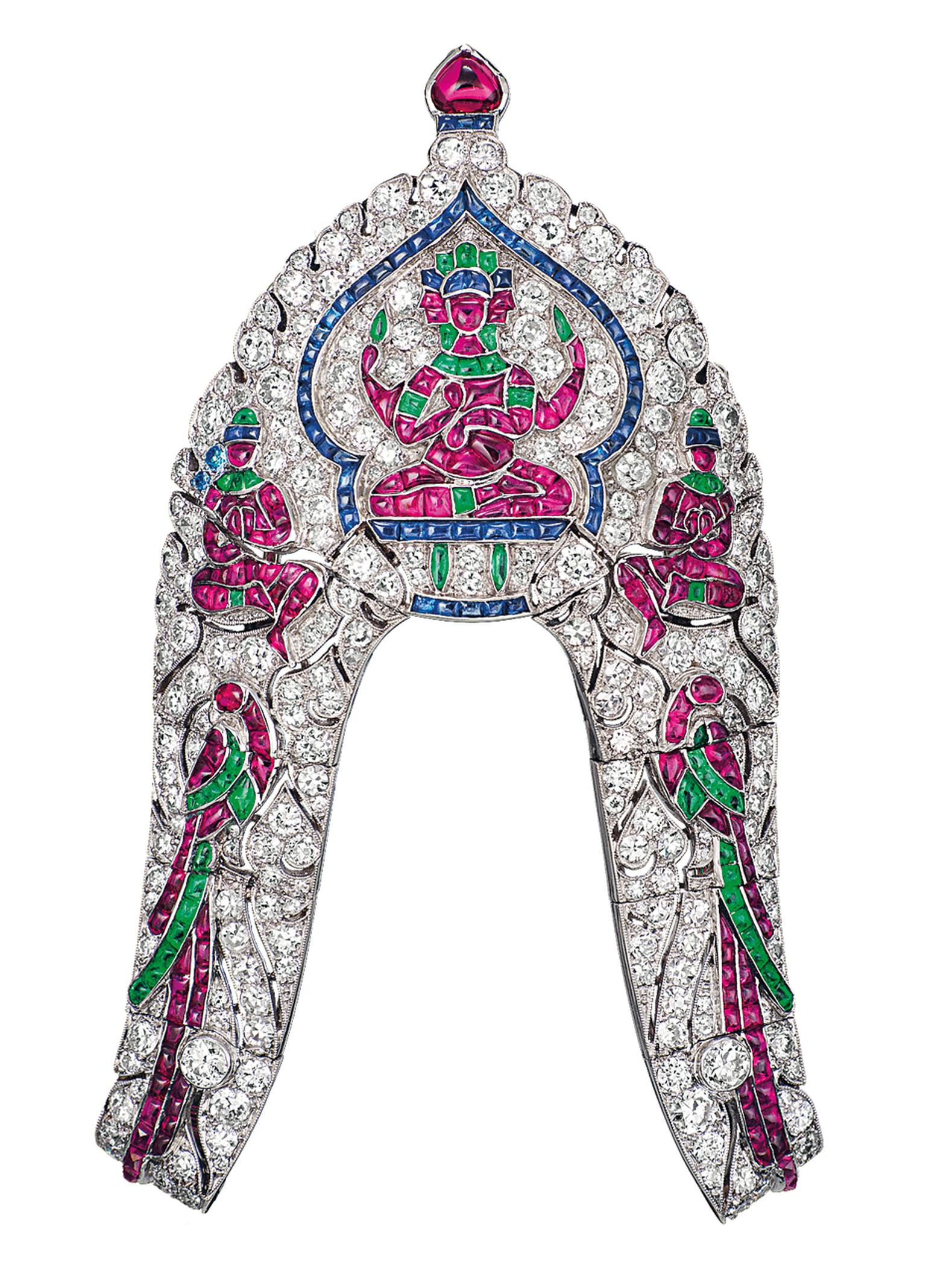 Van Cleef & Arpels Trompe l’oeil sarpech platinum clip from 1924 featuring diamonds, rubies, sapphires and emeralds