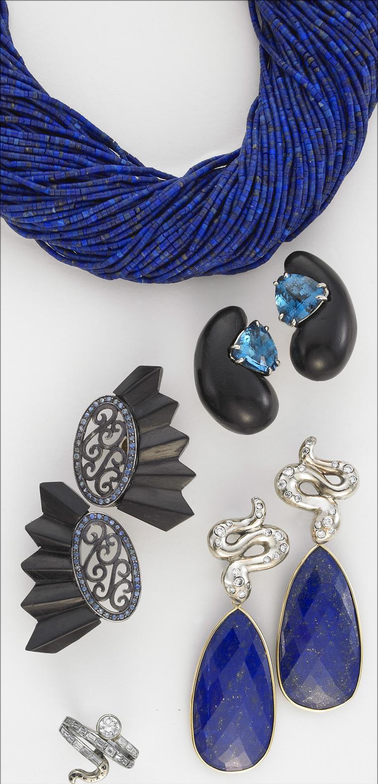 Sorab & Roshi lapis bead necklace, ebony wood Cashew earrings with blue topaz, ebony wood Fan earrings with sapphires, diamond spotted Snake earrings with lapis drops and diamond Snake pinky ring