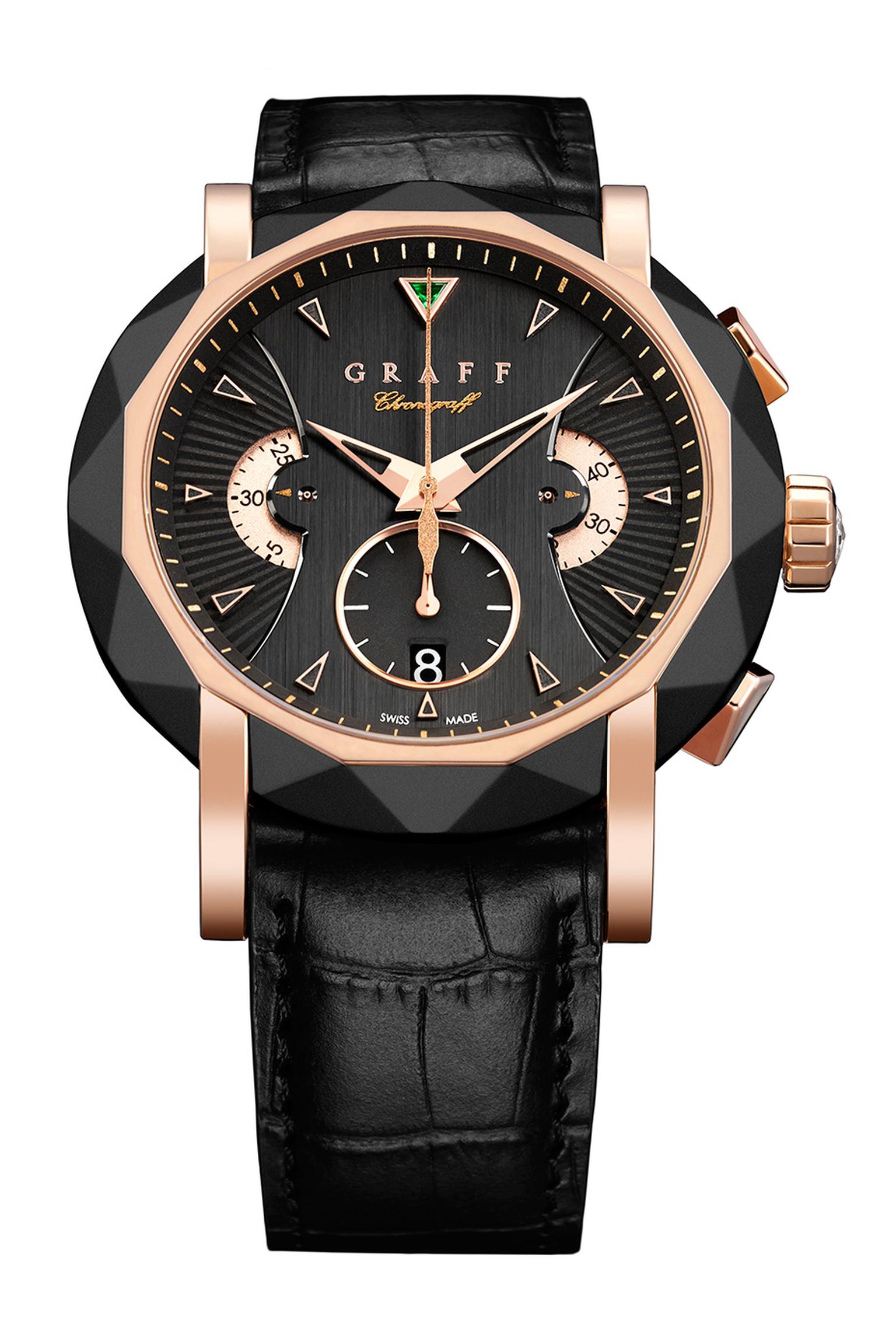 Graff 45mm rose gold Grand Date watch featuring a black guilloché dial.