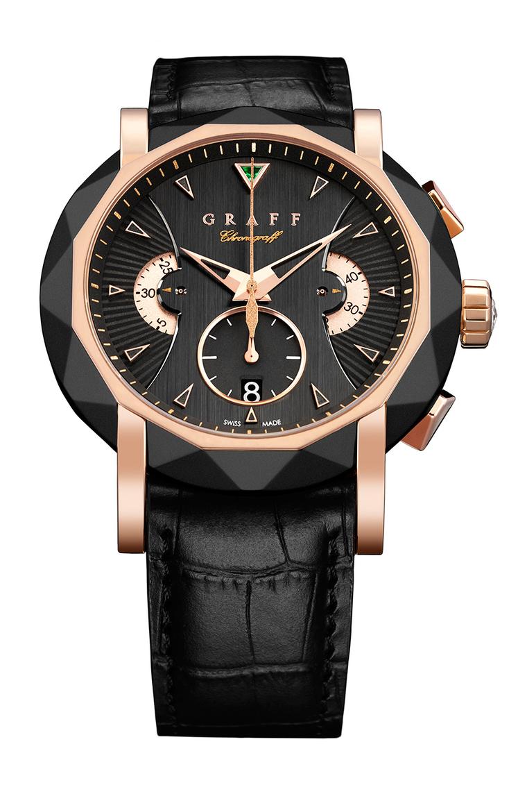 Graff 45mm rose gold Grand Date watch featuring a black guilloché dial.