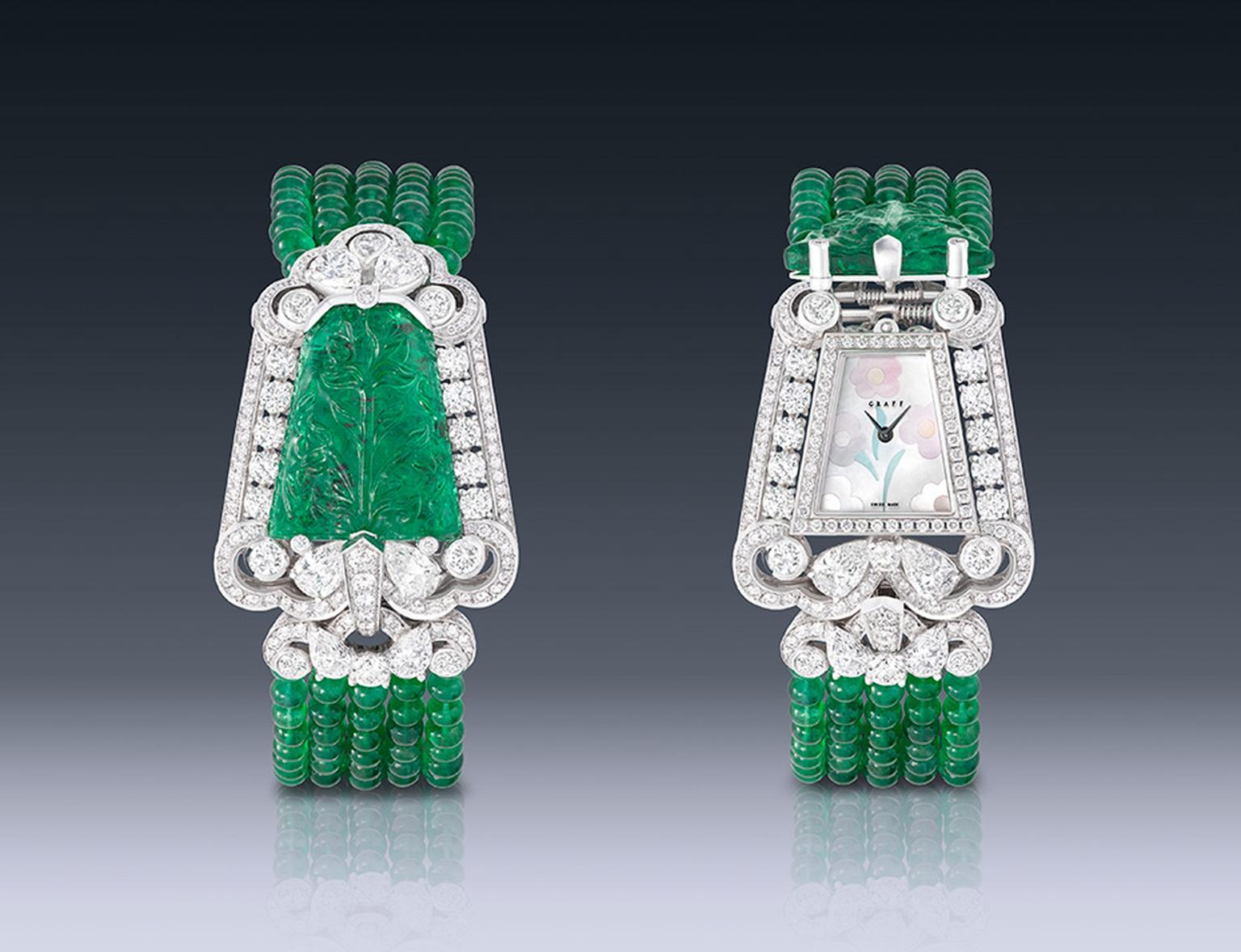 Graff carved emerald watch featuring diamonds.