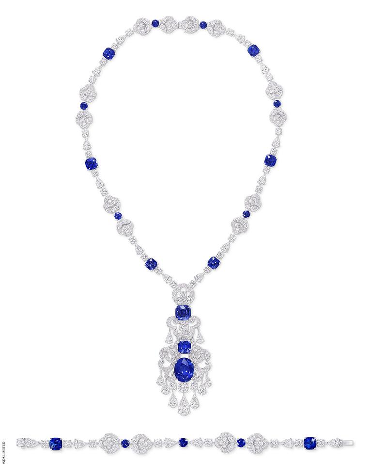 Graff’s diamond and cushion-cut sapphire necklace containing 20 deep blue sapphires (57.78cts) set with 431 round and pear shaped diamonds.