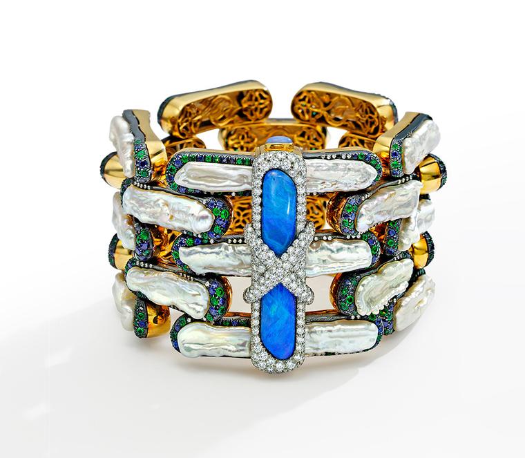 Nicholas Varney five row Brick bracelet featuring freshwater pearl, black opal, sapphire, emerald, diamond and gold.