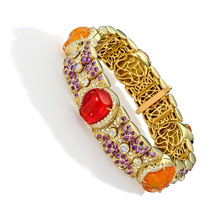 Nicholas Varney 2013 Knightsbridge bracelet featuring fire opal, diamond, purple sapphire, moonstone and gold.
