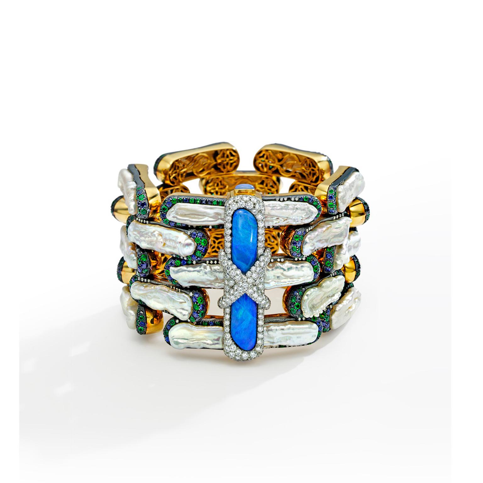 Nicholas Varney five row Brick bracelet featuring freshwater pearl, black opal, sapphire, emerald, diamond and gold.