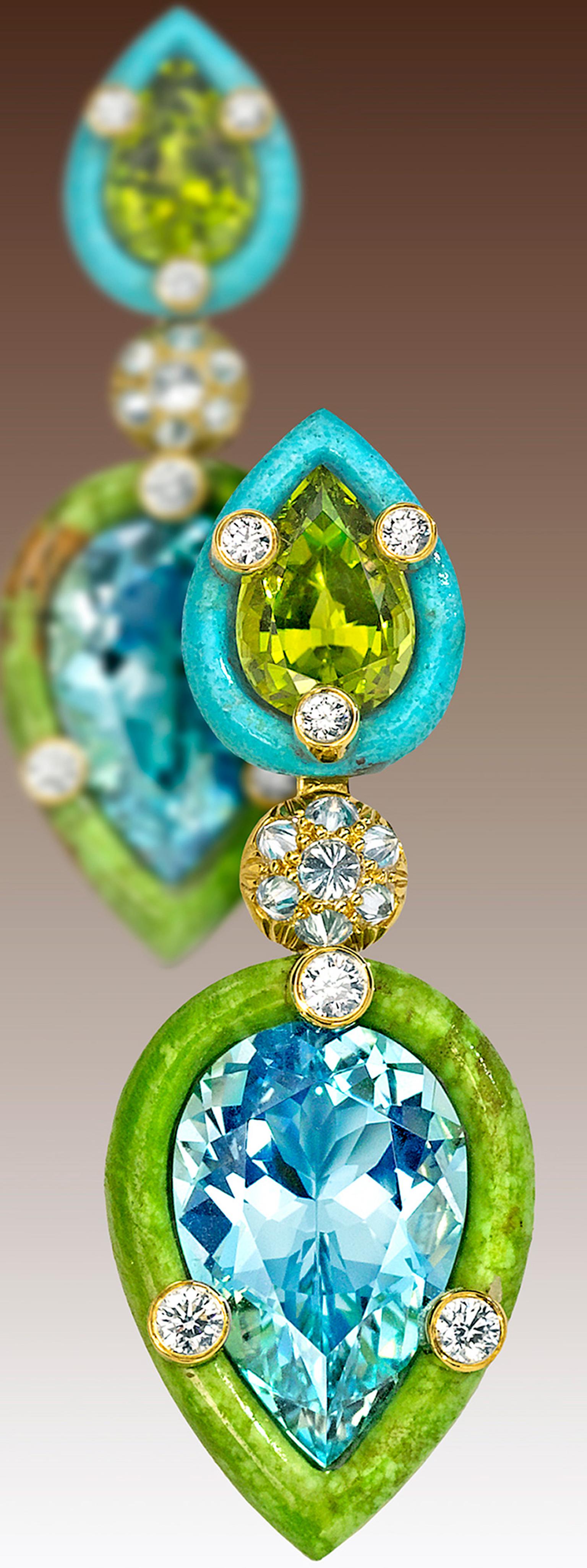 Nicholas Varney 2013 'Duo' Style earrings featuring two pear-shape aquamarines retained by hand-carved gaspeite and paired with two pear-shaped peridots retained by hand-carved turquoise and joined by yellow gold and diamonds.