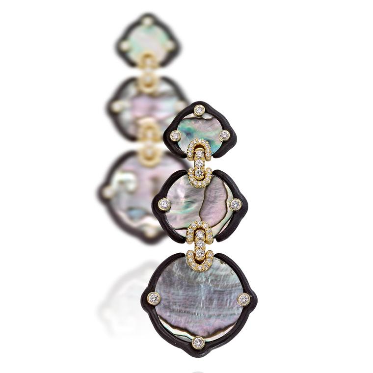 Nicholas Varney 2012 mother of pearl, ebony, diamond and gold earrings.