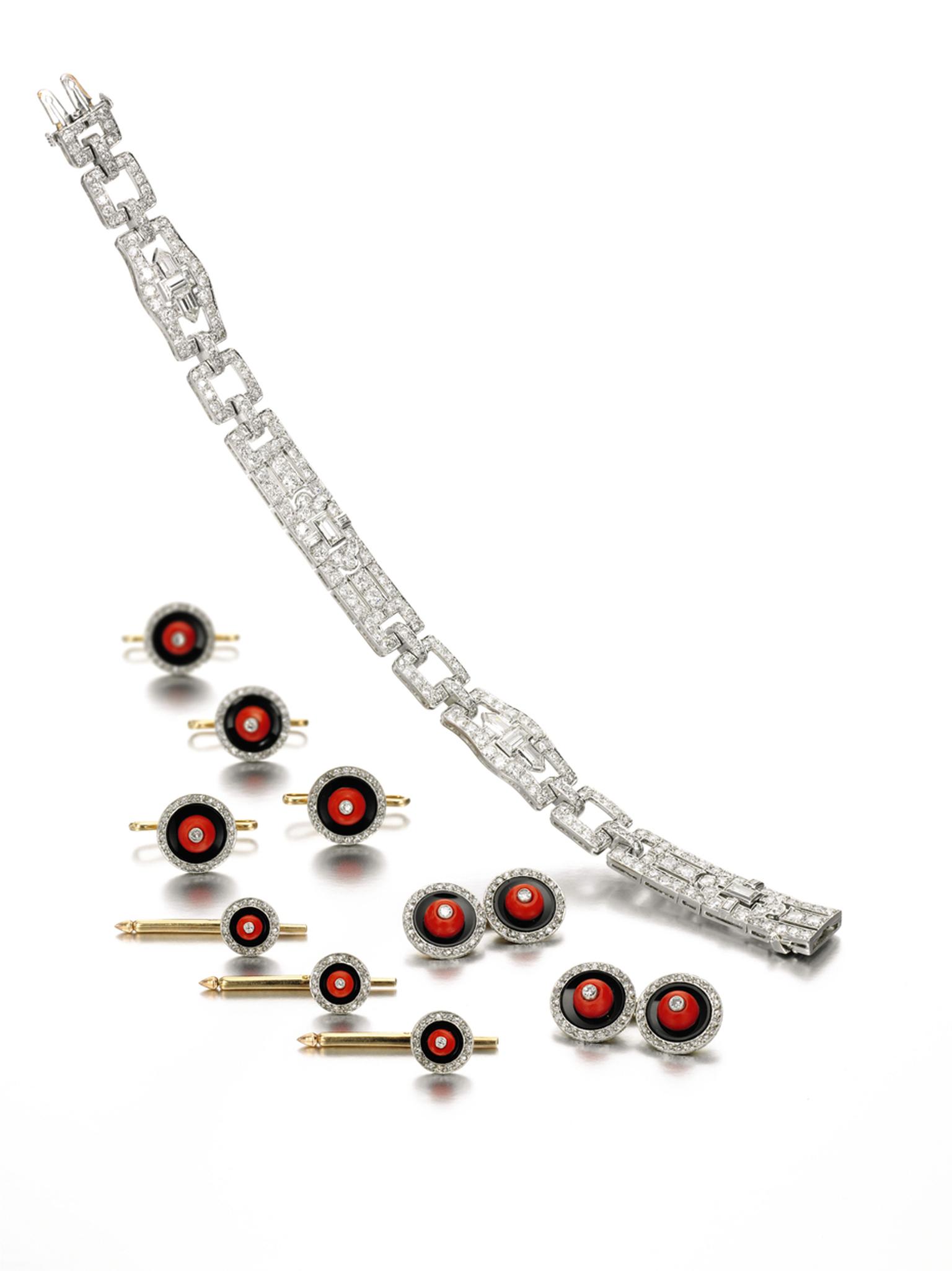 This Raymond Yard coral, onyx and diamond dress set sold for £13,750 and 1920s Cartier diamond bracelet sold for £31,250 at Sotheby's London in 2014.