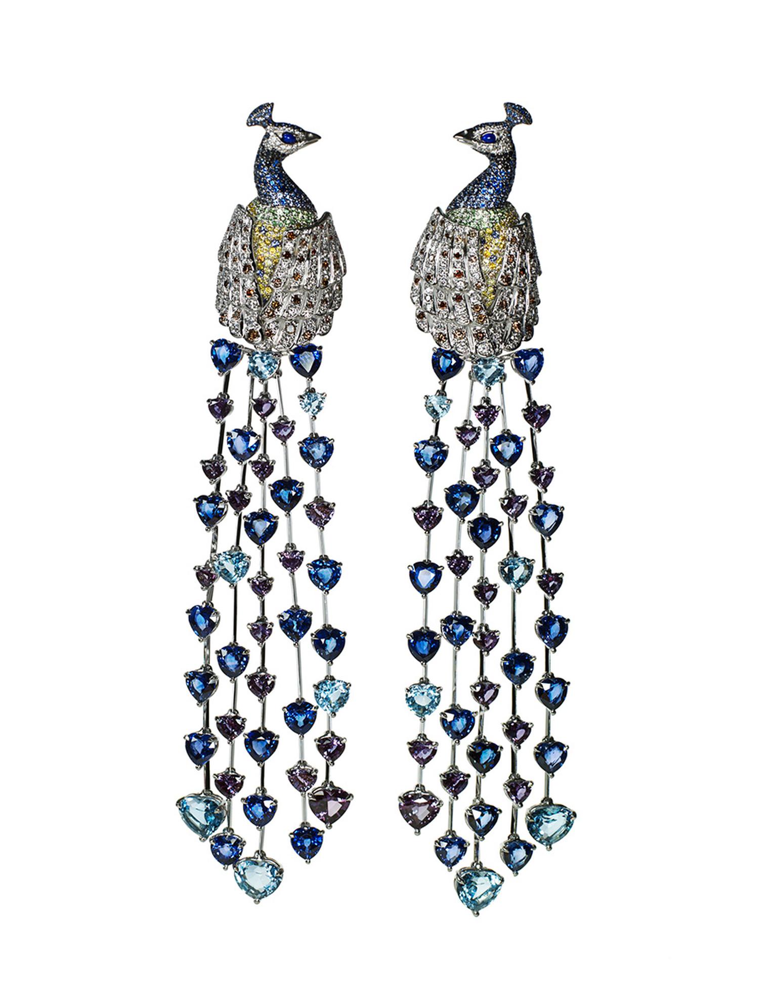 Chopard Animal World An Immortal Peacock earrings featuring heart-shaped sapphire and alexandrite tail feathers