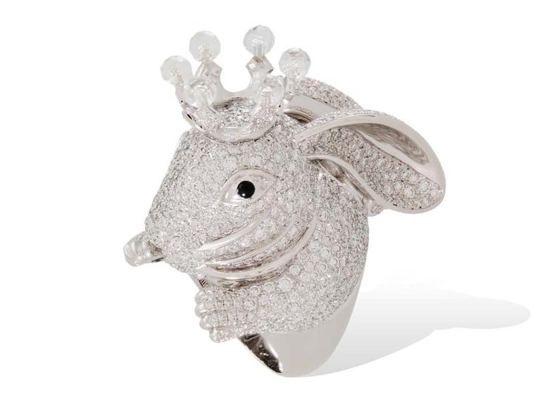 Lydia Courteille Rabbit ring in white gold from the Animal Farm collection, set with white diamonds and rock crystal