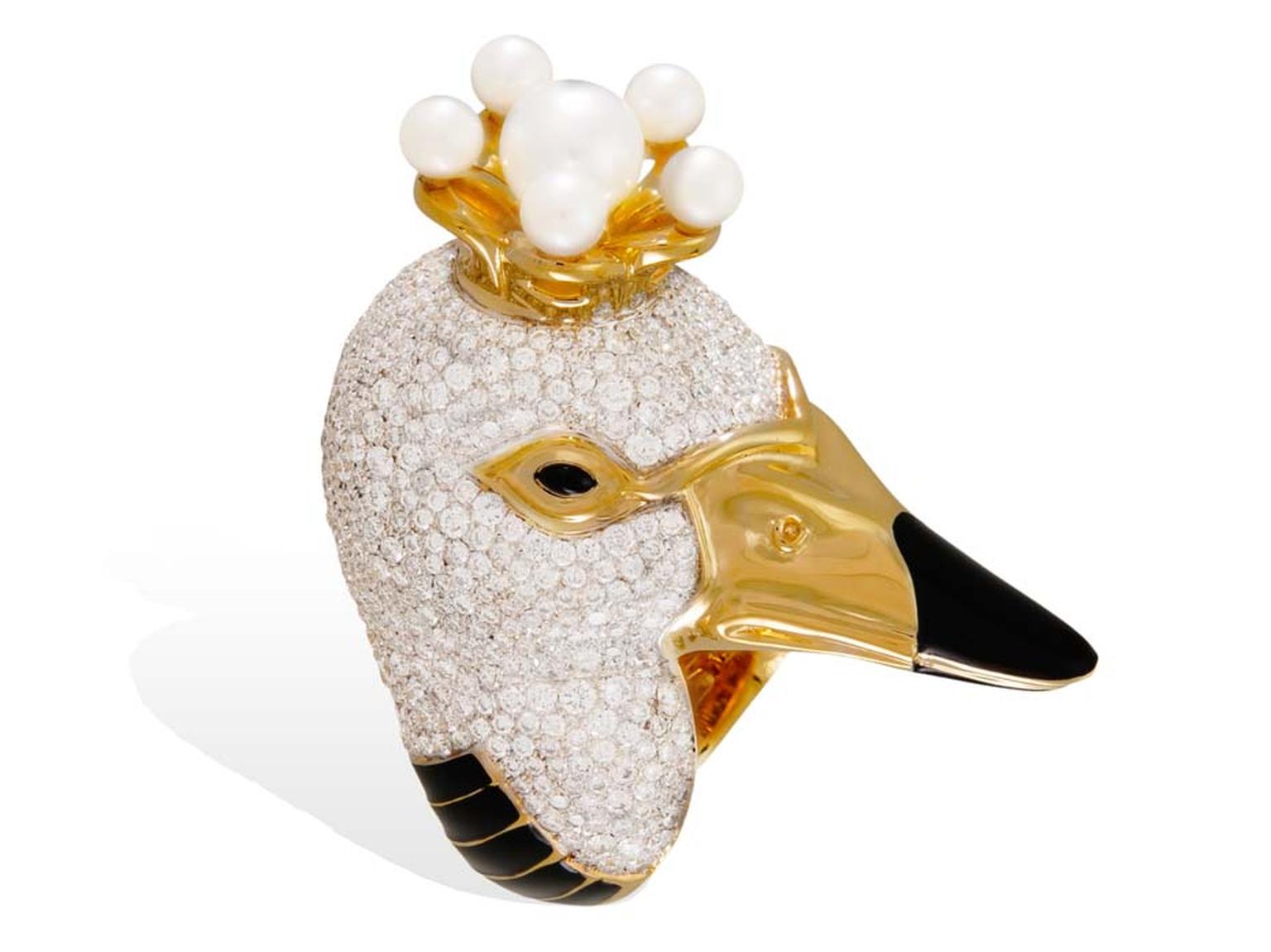 Lydia Courteille Duck ring in yellow gold and enamel from the Animal Farm collection, set with pearls and diamonds
