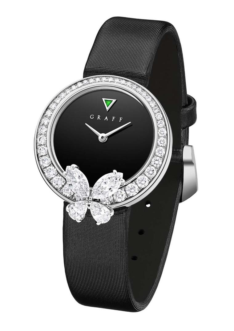 A triangle-cut emerald is the only flash of colour on Graff's diamond-set Classic Butterfly watch