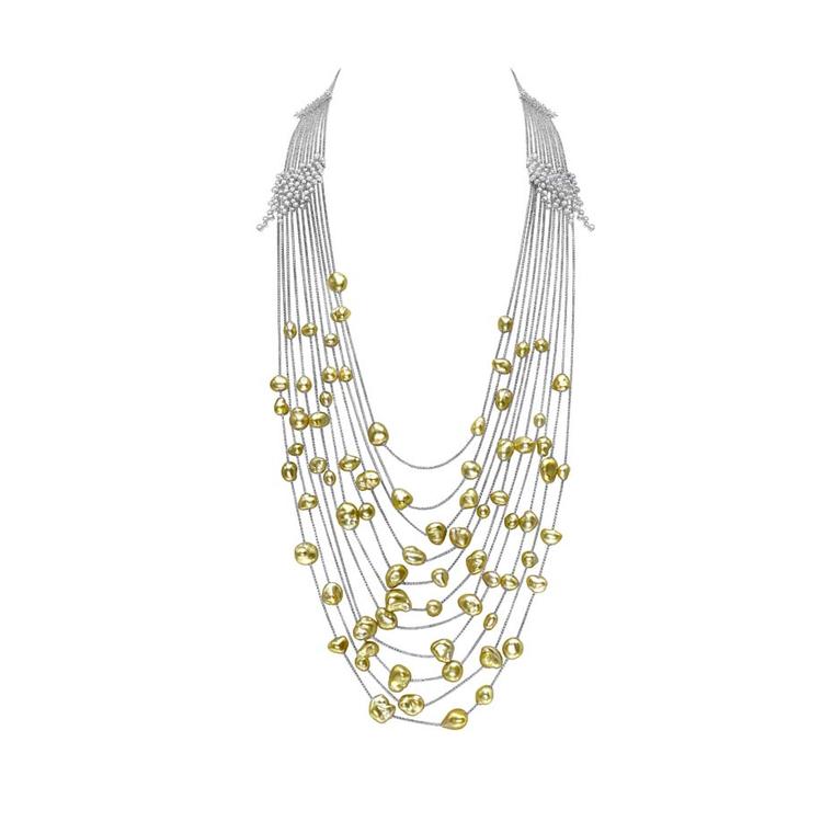 Mikimoto Regalia Collection Gold Cascade necklace featuring gold pearls amidst round diamonds and white gold