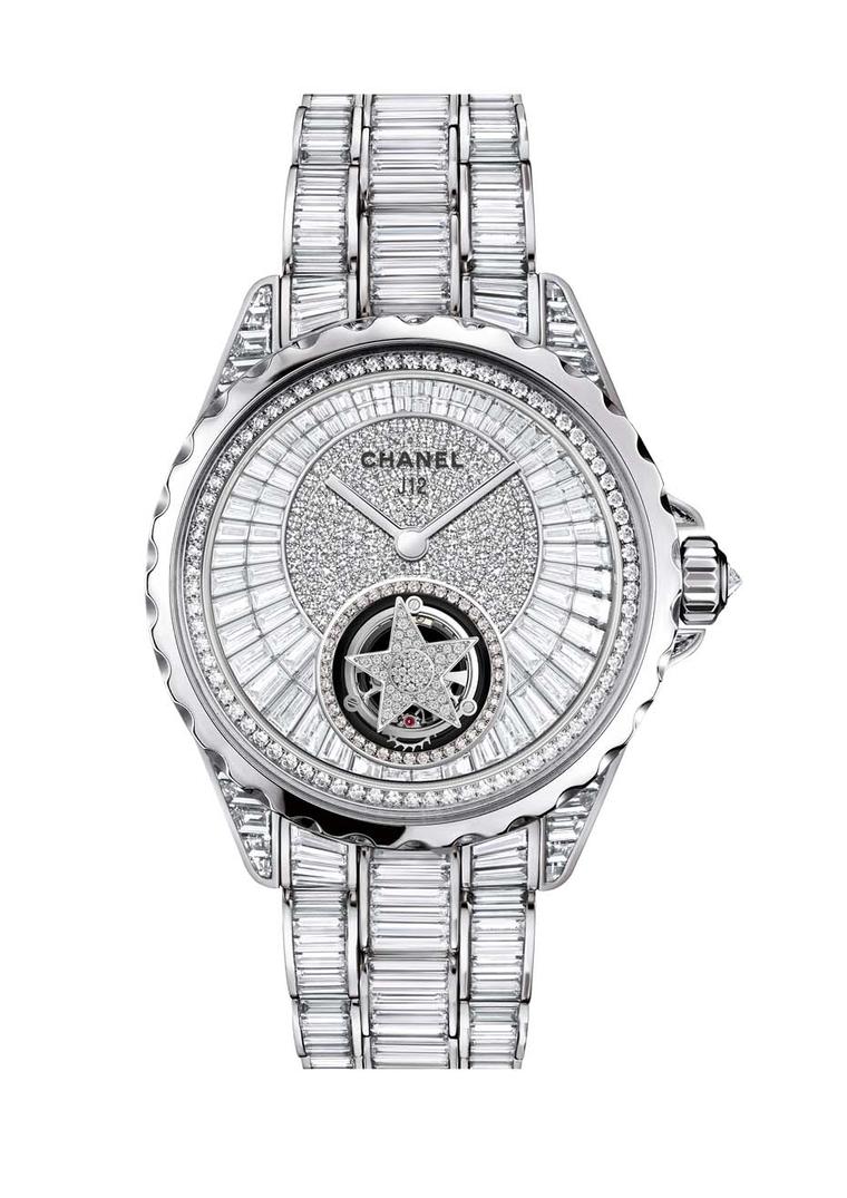 Chanel J12 Flying Tourbillon features a diamond-set star surrounded by a galaxy of diamonds on the dial, case and bracelet.