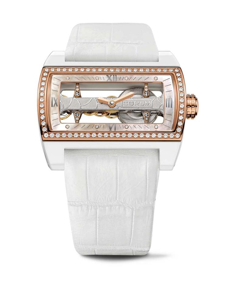 Corum Ti-Bridge Lady displays a hand-wound movement built entirely along one narrow axis and is on view through the all-glass dial and case back.