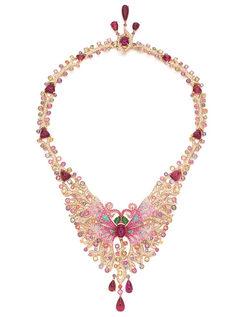 Wendy Yue Lady butterfly necklace with brown diamonds, opals, rhodolite garnets, green garnets, pink sapphires, diamonds and purple sapphires