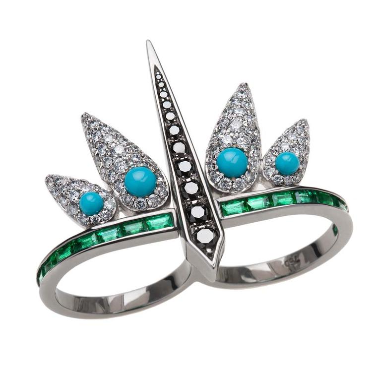 Nikos Koulis Spectrum collection ring with white and black diamonds, turquoise and baguette emeralds
