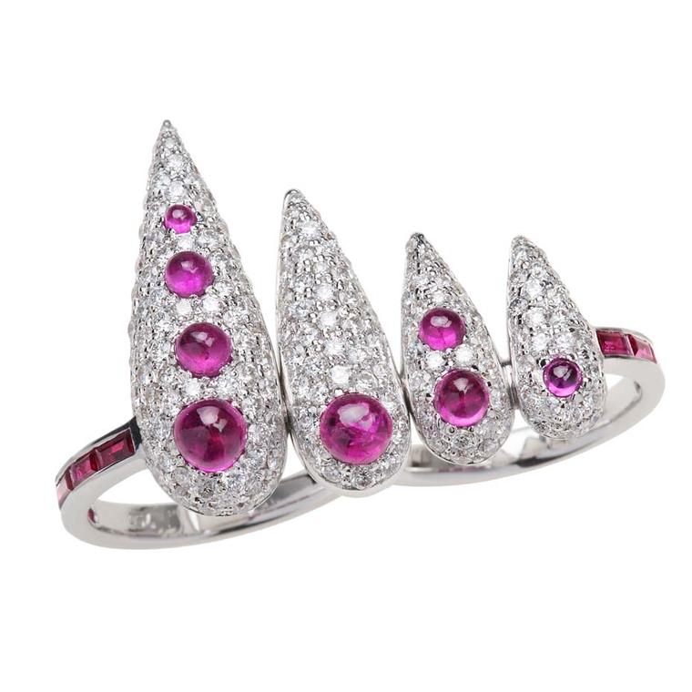 Nikos Koulis Spectrum collection ring with white diamonds, baguette-cut rubies and ruby cabochons