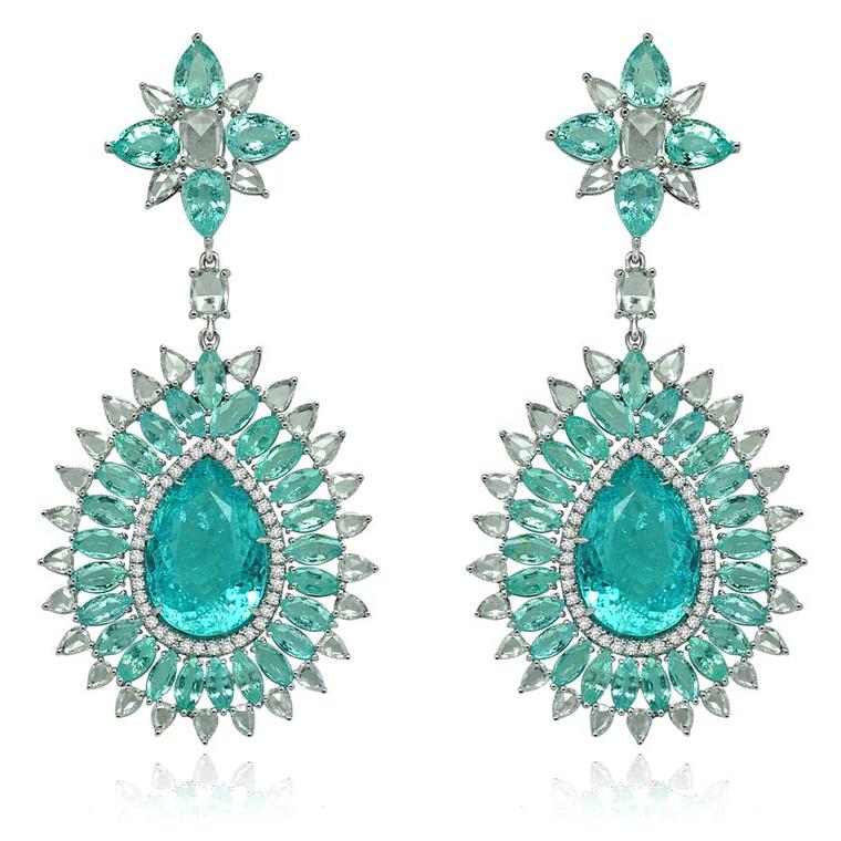 Sutra Paraiba drop earrings in white gold set with 39ct of Paraiba tourmalines and 7ct of diamonds