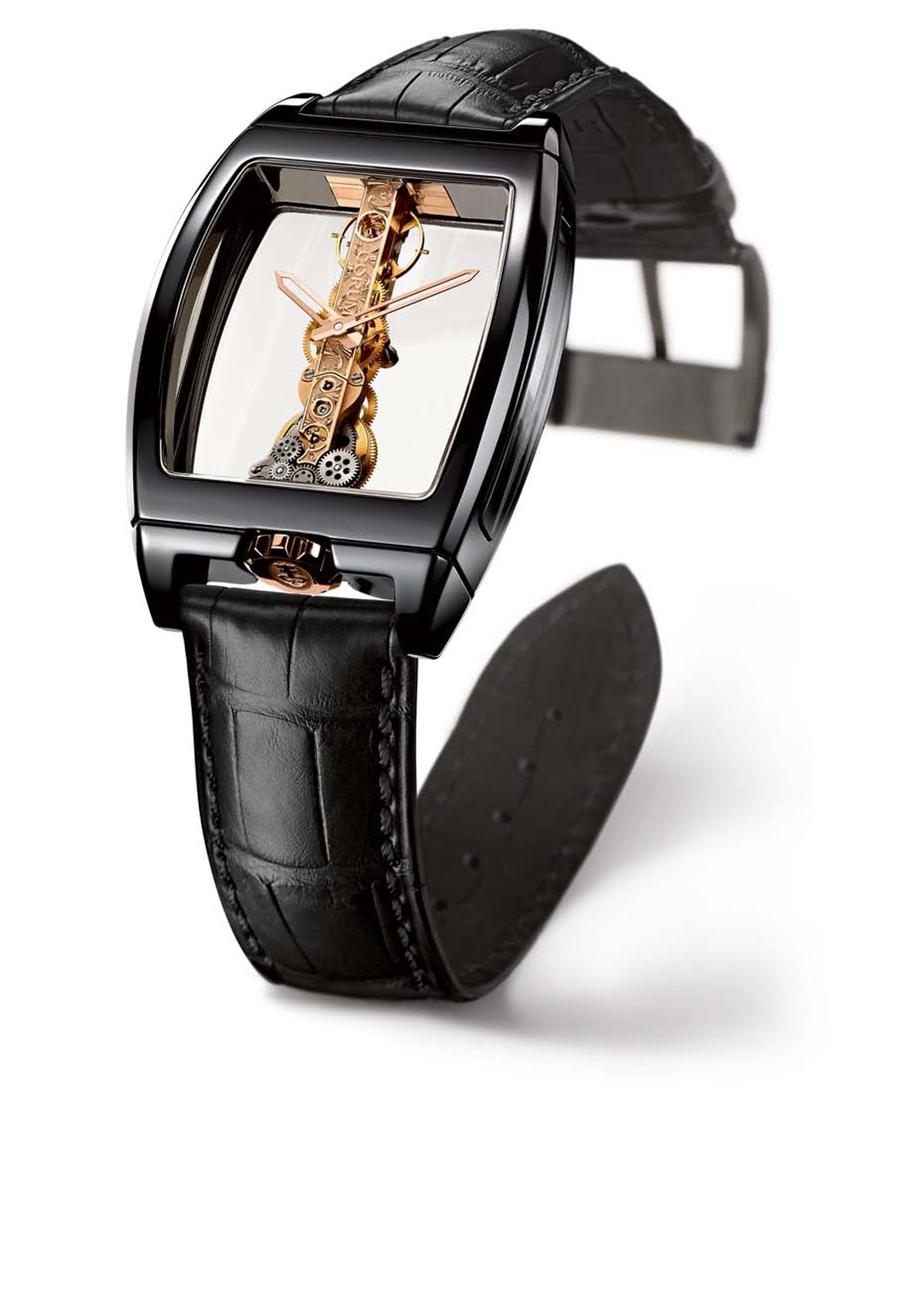 Corum’s Golden Bridge Ceramic Noire features a gold movement set along just one slim axis with its entire workings visible through the see-through construction of the watchcase.