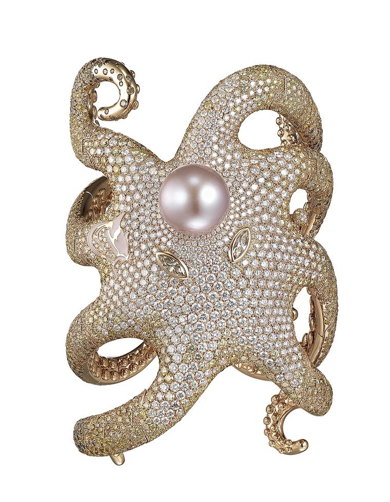 Shawish bespoke Octopus bracelet in pink gold, set with white, brown and yellow round-brilliant diamonds and a pink pearl