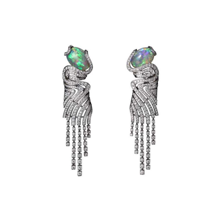 L'Odyssée de Cartier High Jewellery earrings in platinum, with two cabochon-cut opals and diamonds