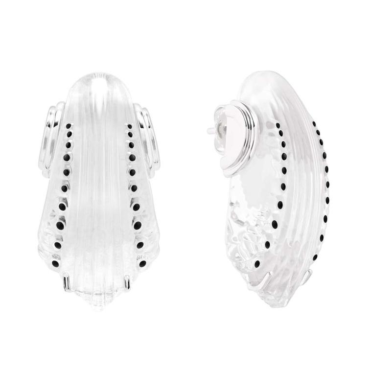 Lalique Icone collection silver earrings featuring clear Lalique crystal enamelled in black