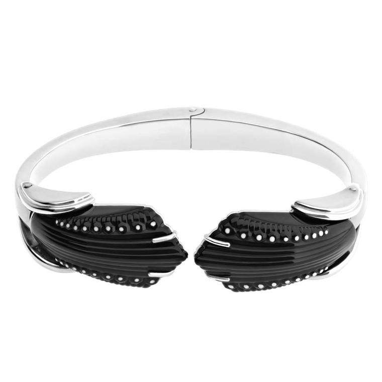 Lalique Icone collection silver bracelet featuring black Lalique crystal enamelled in white