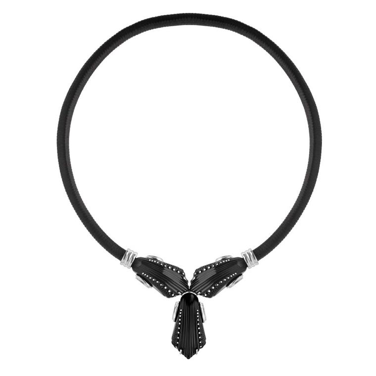 The magnetic Lalique Icone collection silver necklace featuring black Lalique crystal enamelled in white