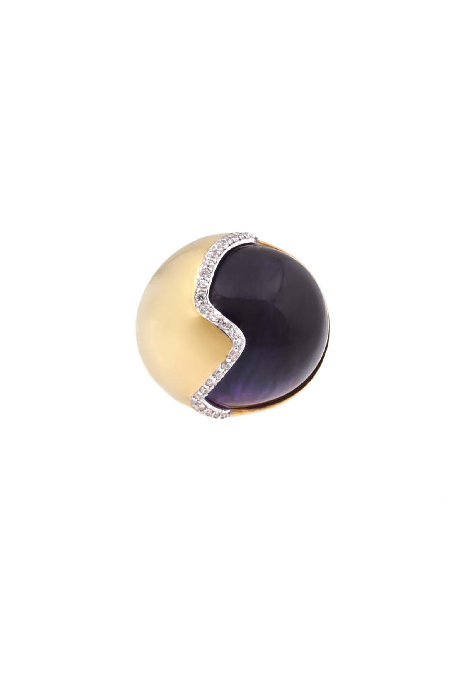 Kara Ross gold Petra smooth contour ring with amethyst and diamonds