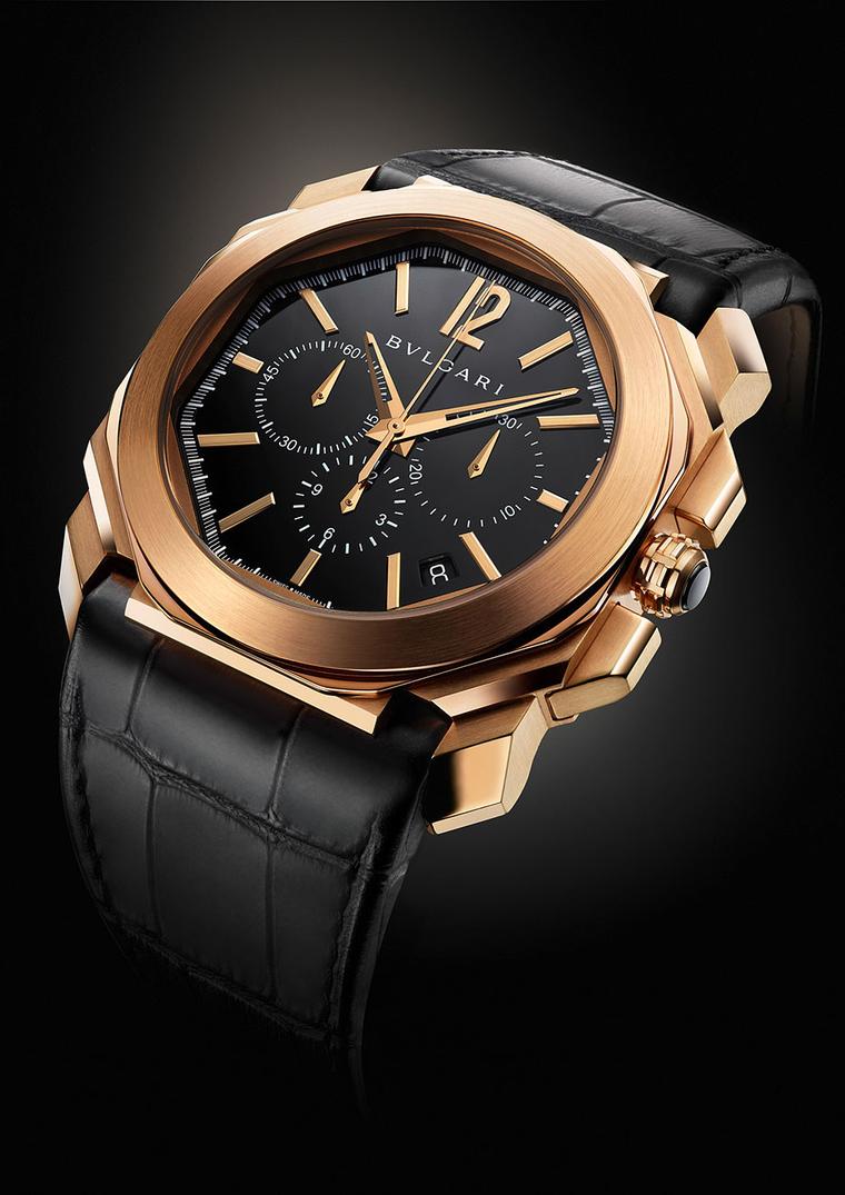 The 41.5mm Bulgari Octo Chronograph in pink gold with an alligator leather strap