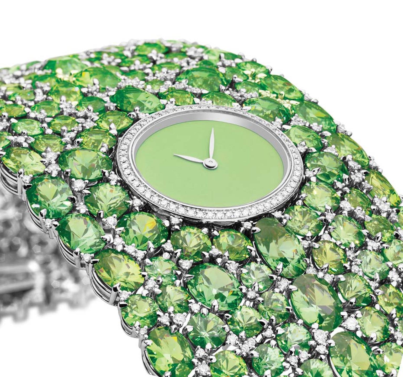 One-of-a-kind DeLaneau Grace Demantoids jewellery watch in white gold with a Grand Feu enamelled dial, set with 245 demantoid garnets and 415 diamonds on the cuff bracelet and a further 58 diamonds on the case