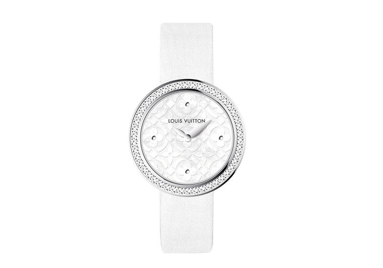 Louis Vuitton Dentelle de Monogram watch with a pearly white mother-of-pearl dial, diamond-set bezel and white satin strap