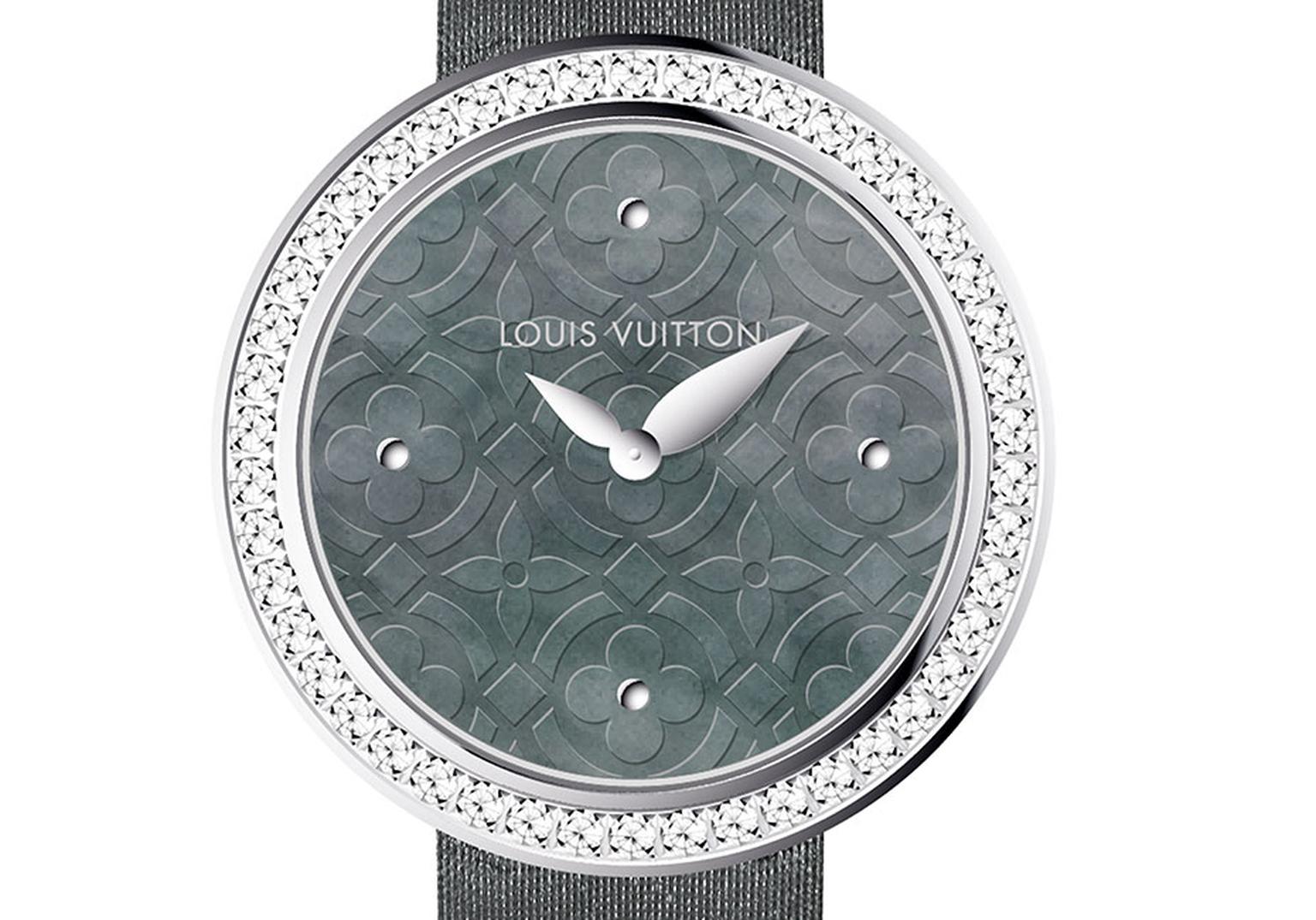 Louis Vuitton Dentelle de Monogram collection watch featuring a grey Polynesian mother-of-pearl dial surrounded by a diamond bezel and a grey satin strap.