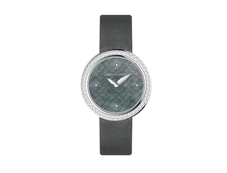 Louis Vuitton Dentelle de Monogram watch with a grey Polynesian mother-of-pearl dial, diamond bezel and grey satin strap