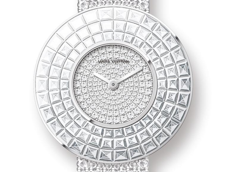 Louis Vuitton's white gold Damier Absolu Rivière watch features brilliant-cut diamonds on the dial and bracelet and is invisible set with three rows of baguette-cut diamonds on the bezel.