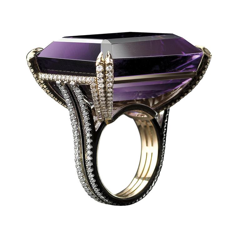 Alexandra Mor emerald-cut rich purple amethyst and diamond ring