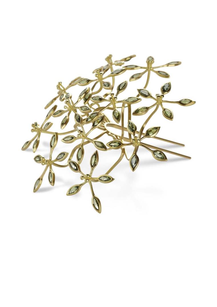 Jo Thorne Passion Flower gold hairpin set with 60 green sapphires.