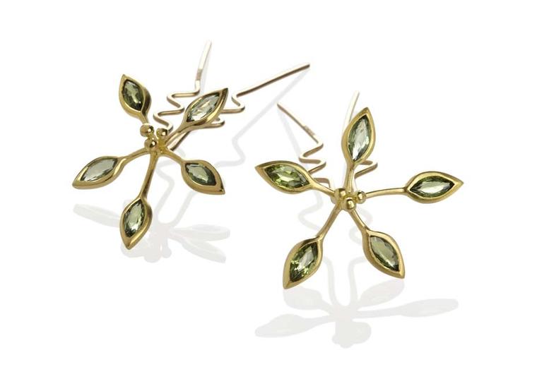 Jo Thorne Passion Flower gold hairpins set with green sapphires.