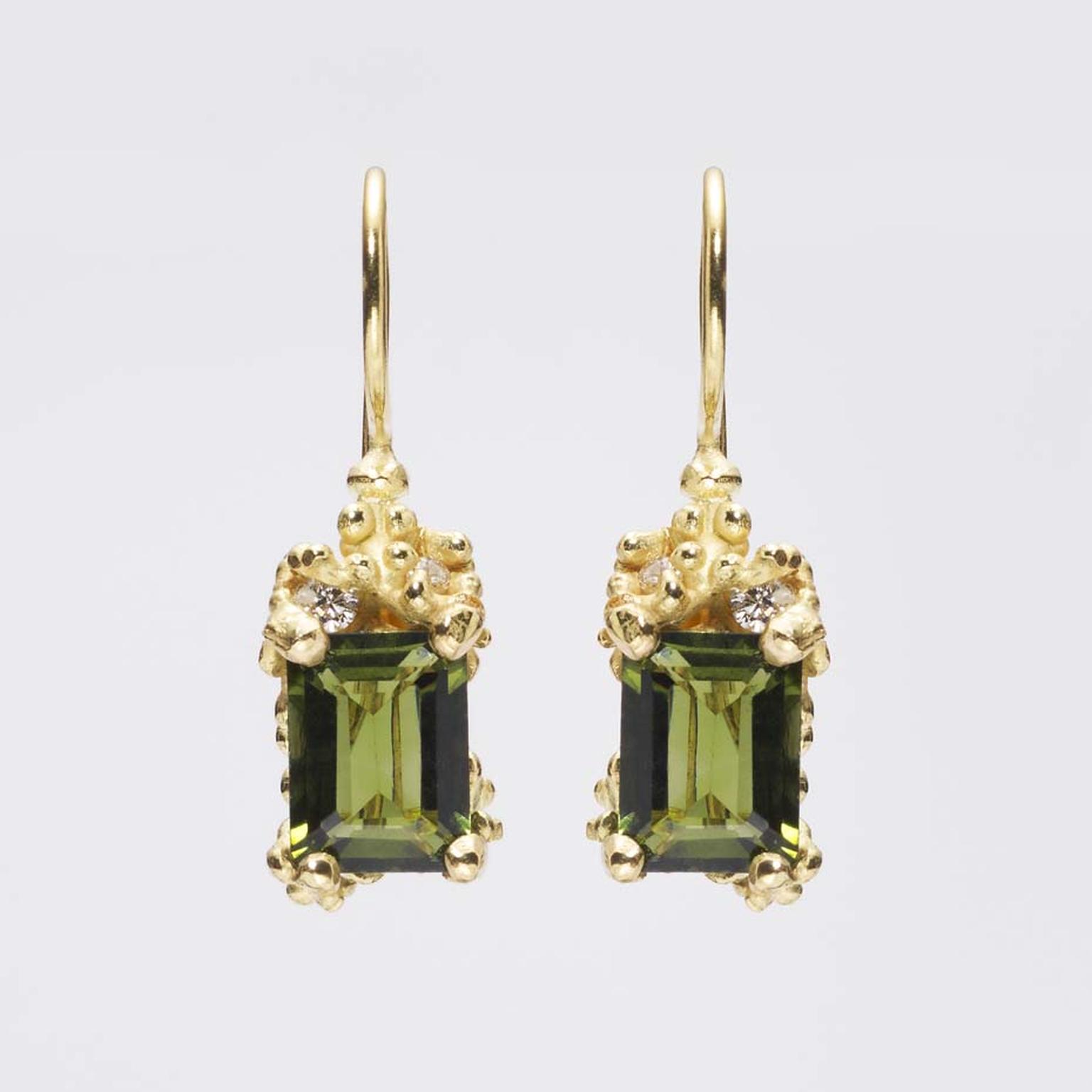 Ruth Tomlinson tourmaline and diamond drop earrings.