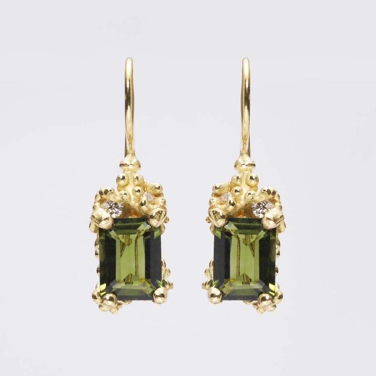 Ruth Tomlinson tourmaline and diamond drop earrings.