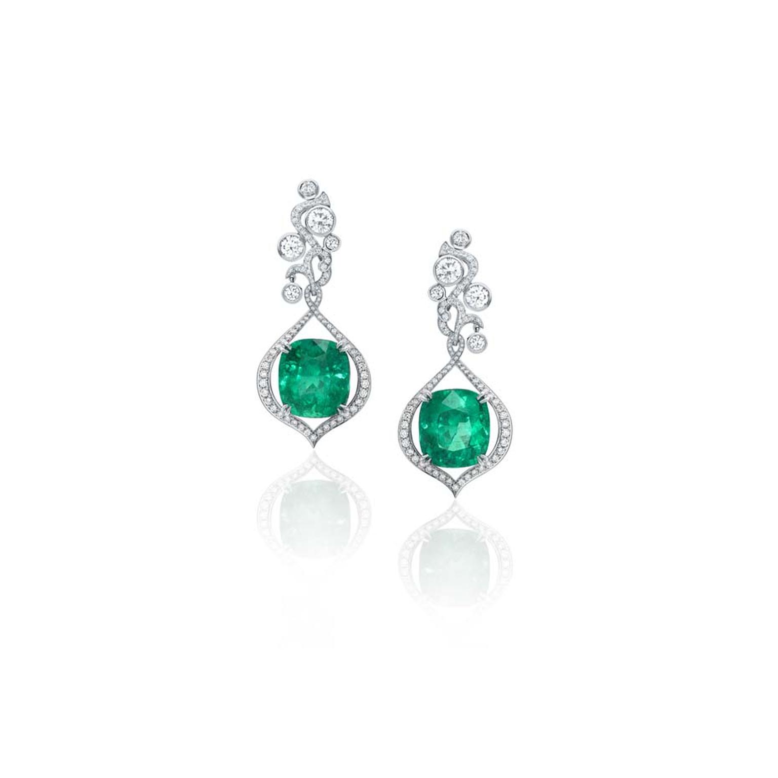 Boodles Greenfire emerald earrings featuring pave diamonds and brilliant-cut diamonds.