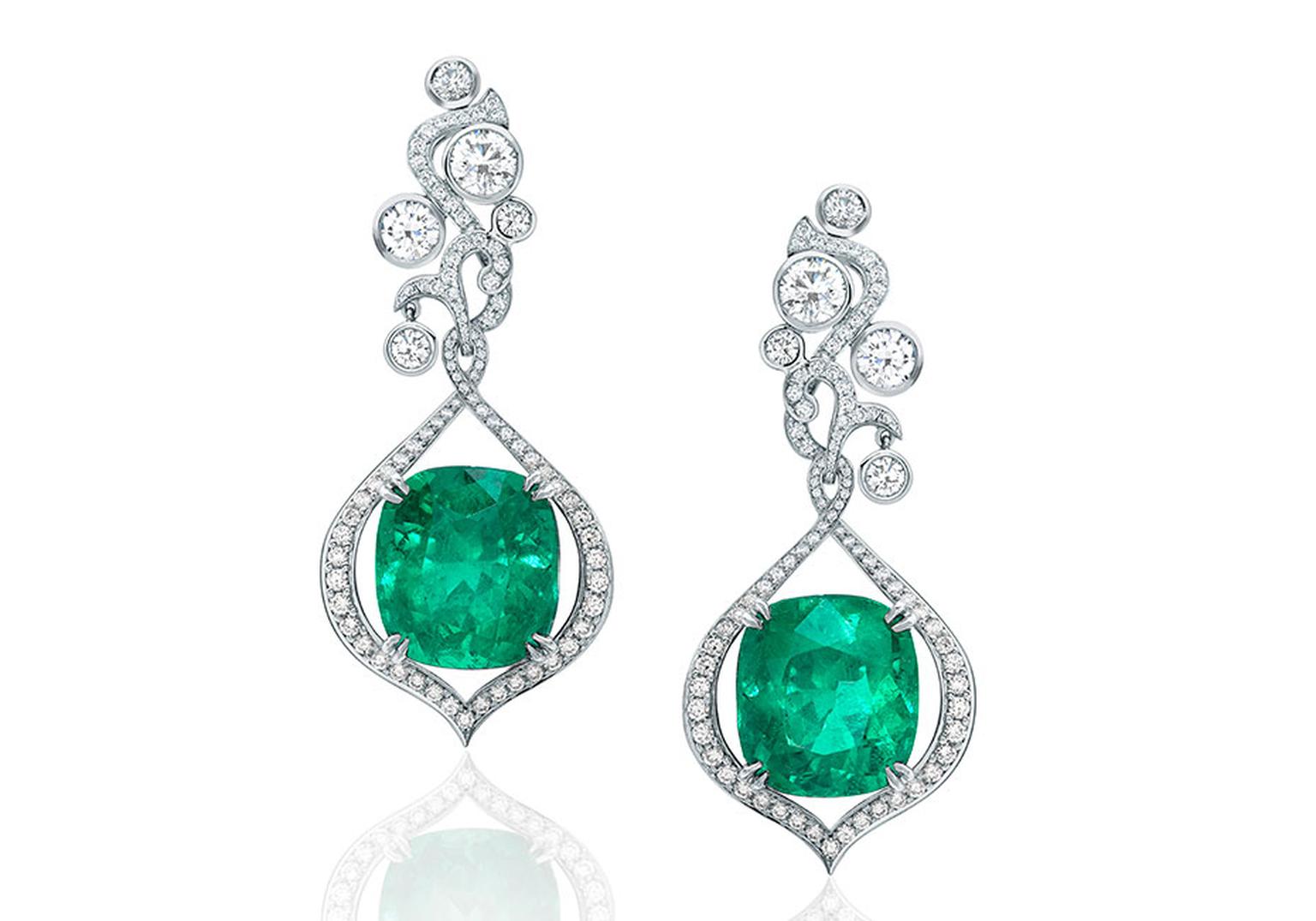 Boodles Greenfire emerald earrings, accentuated by pavé diamonds and brilliant-cut diamonds. The emeralds are two of the 18 Colombian emeralds used in Boodles' Greenfire suite, which originate from the famed Muzo mines