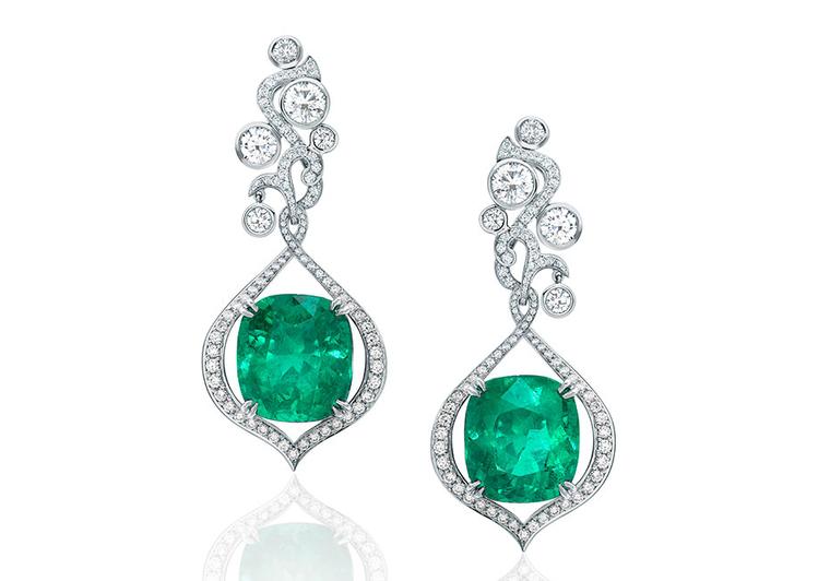 Boodles Greenfire emerald earrings, accentuated by pavé diamonds and brilliant-cut diamonds. The emeralds are two of the 18 Colombian emeralds used in Boodles' Greenfire suite, which originate from the famed Muzo mines