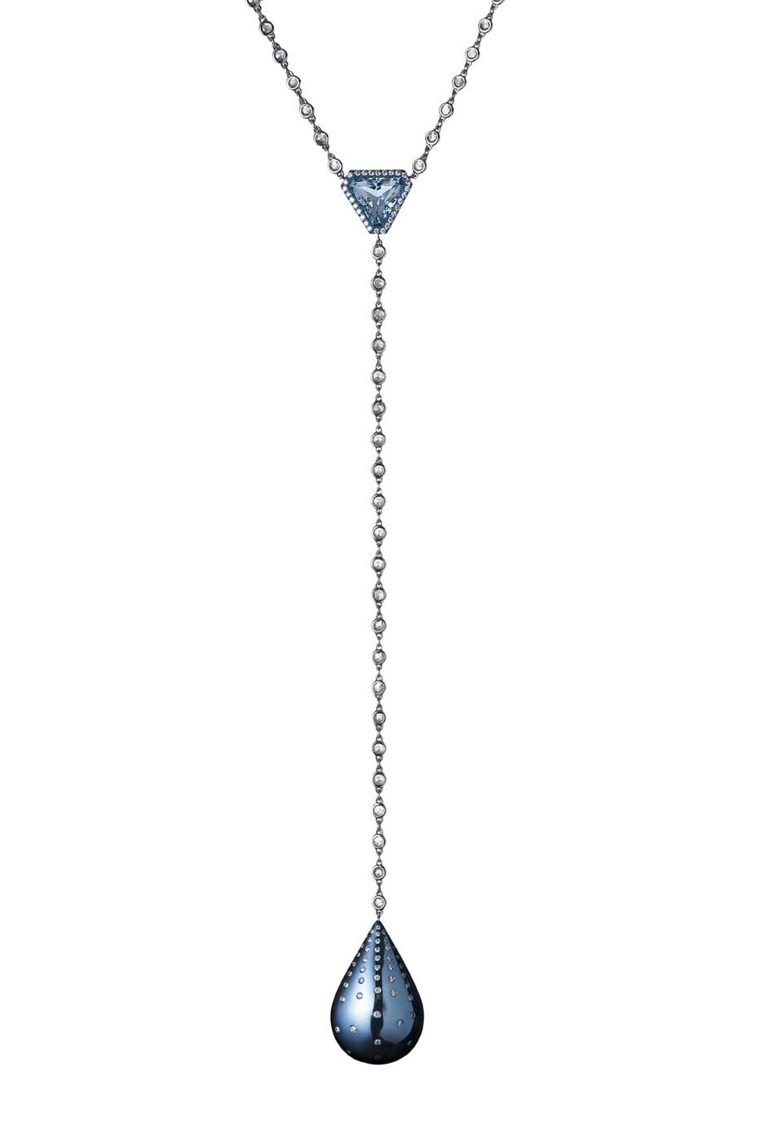 Why Not Sky Rain collection necklace featuring blue topaz cabochons and aquamarines briolettes set in blue titanium with white diamond accents. Edition of five.