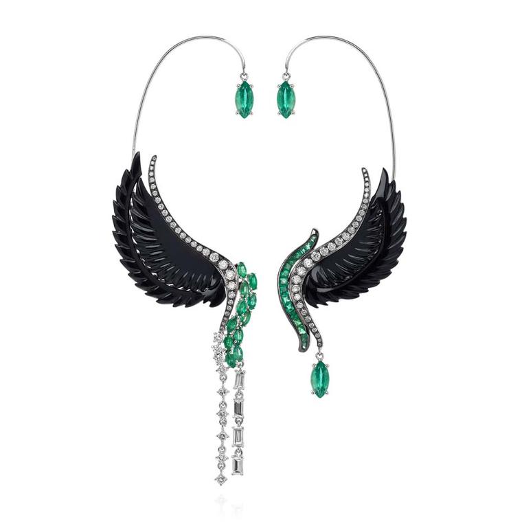 Leyla Abdollahi Lust & Lure collection ear cuffs in white gold with diamonds, emeralds and onyx