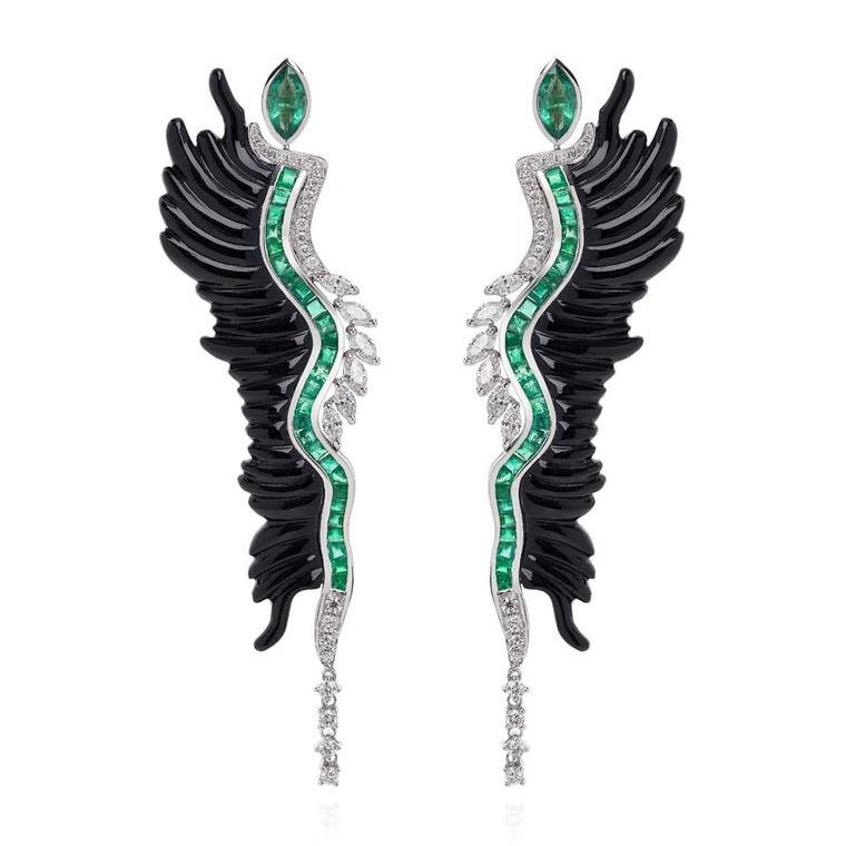 Leyla Abdollahi Lust & Lure collection cuff earrings in white gold with diamonds, emeralds and onyx