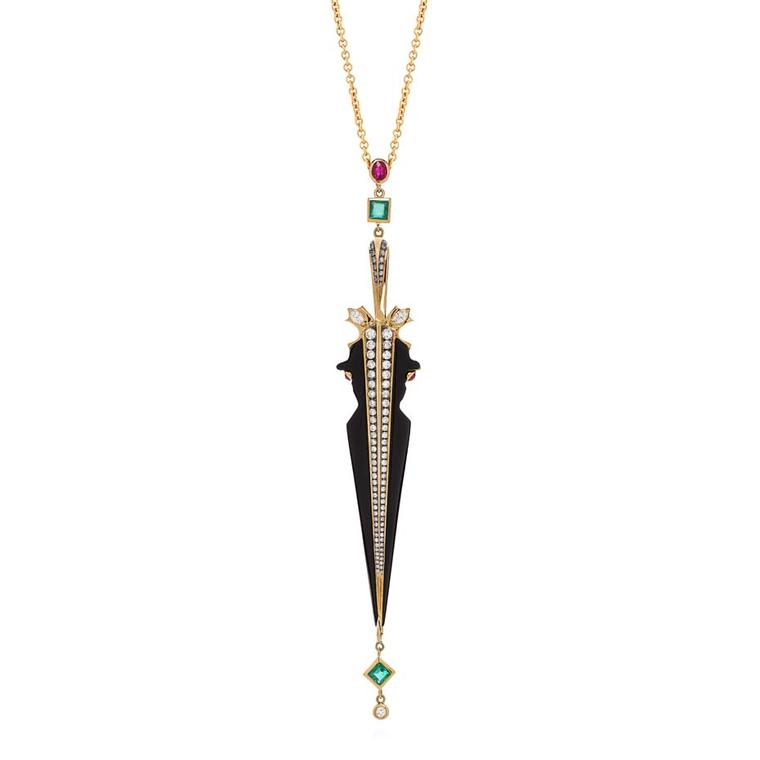Leyla Abdollahi Lust & Lure collection pendant in yellow gold with diamonds, emeralds, ruby and onyx