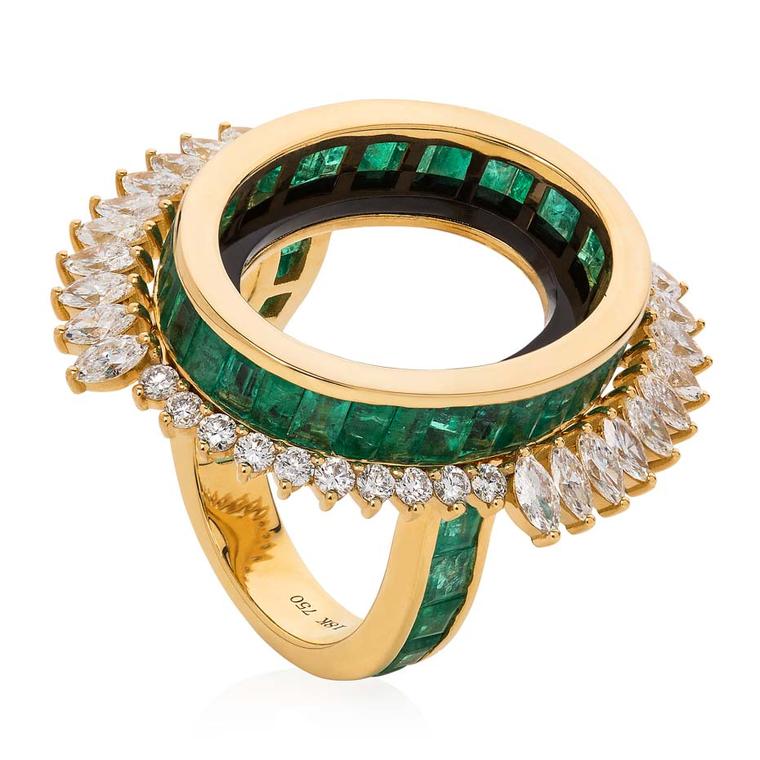 Leyla Abdollahi Lust & Lure collection ring in yellow gold with baguette-cut emeralds, onyx and white diamonds gently flaring out from the open circle