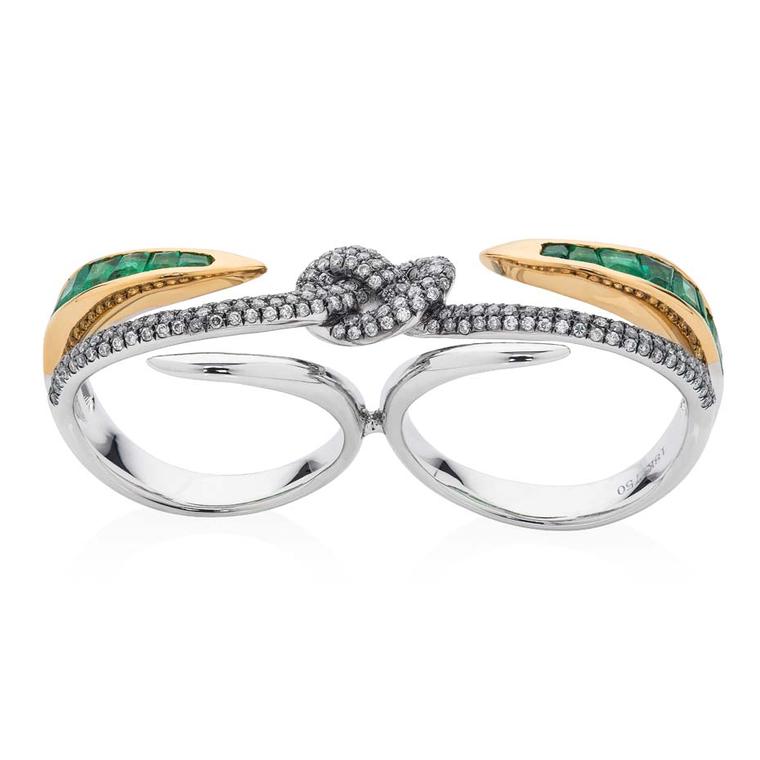Leyla Abdollahi Lust & Lure collection emerald ring in yellow and white gold, held together by a diamond-encrusted knot
